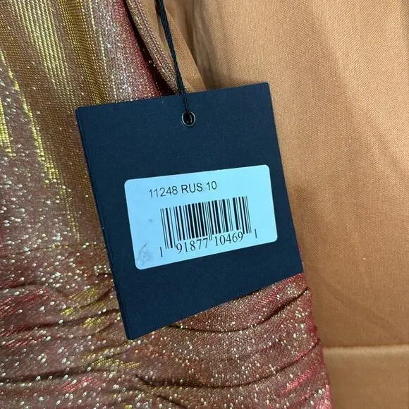 NWT IEENA for MAC DUGGAL 11248 Rust Draped Glitter High Neck Puff Sleeve Gown